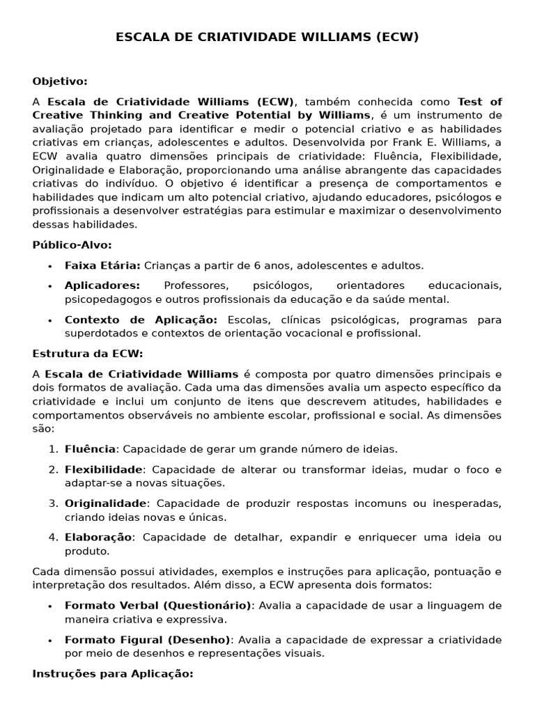 Avaliação da Criatividade Williams | PDF | Psicologia | Criatividade