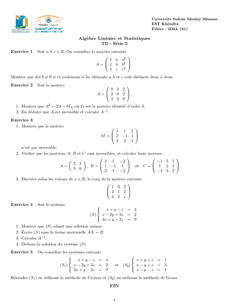 Correction TD Algèbre Linéaire S1 | PDF | Matrice (Mathématiques ...