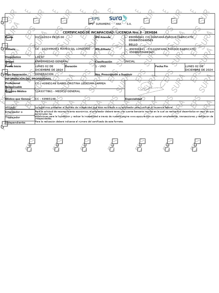 Certificado de Incapacidad EPS Sura | PDF