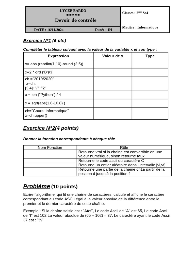 Exercice de contrôle en Informatique 2ème Sc4 | PDF