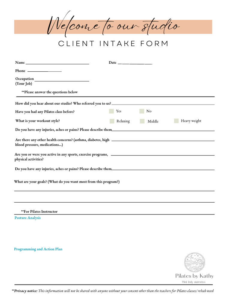 Client Intake Form for Pilates Studio | PDF