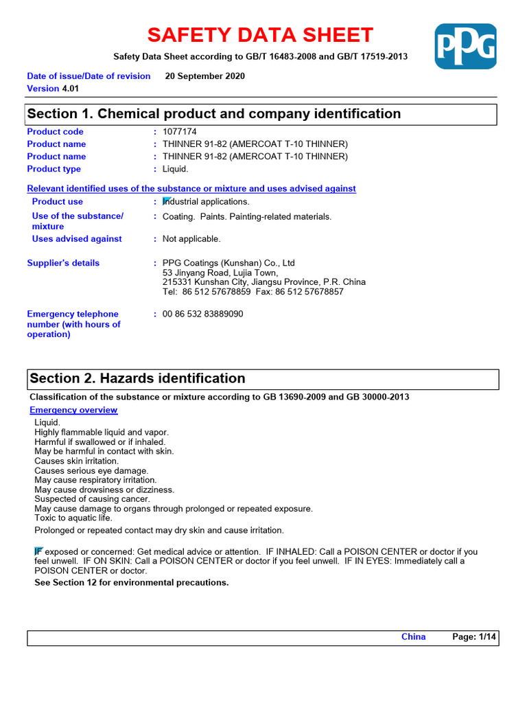 Safety Data Sheet for Thinner 91-82 | PDF | Toxicity | Dangerous Goods