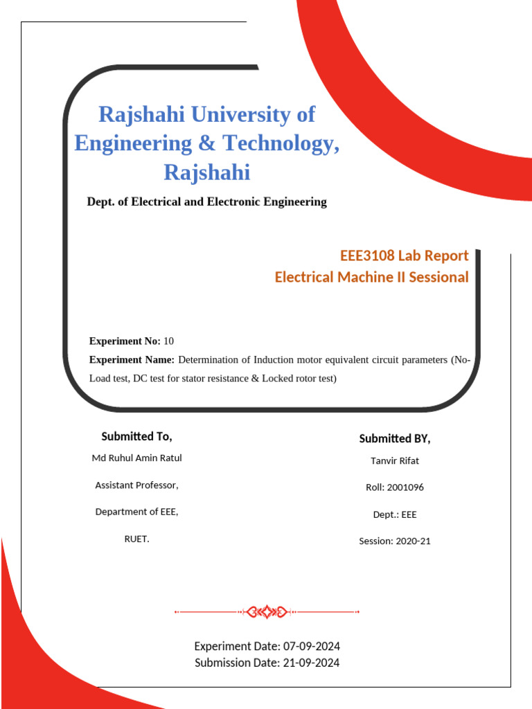 EEE3108 Experiment No 10 | PDF | Electric Motor | Electrical Impedance