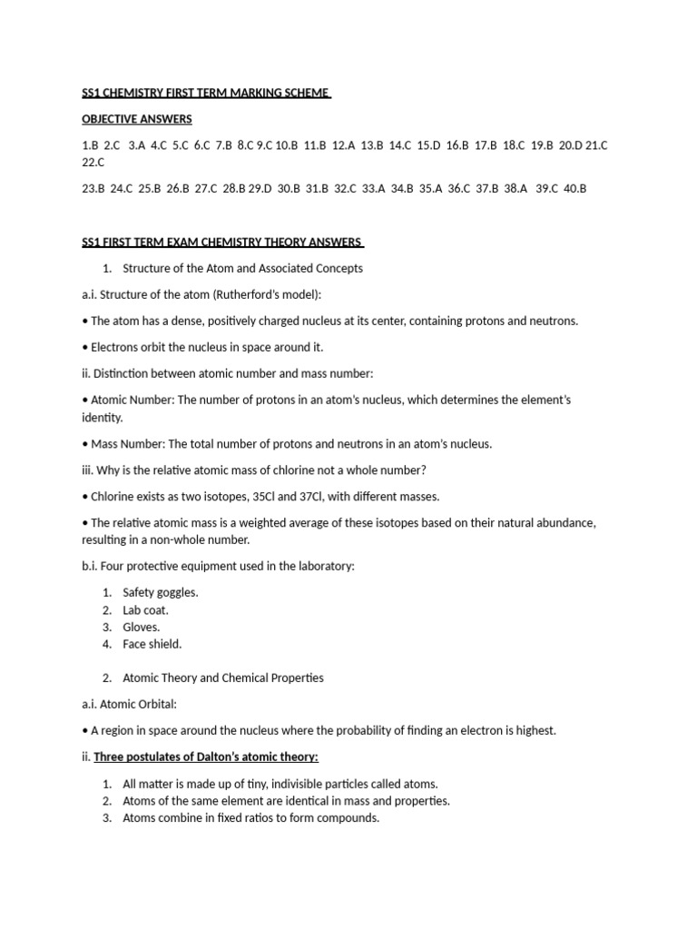 SS1 Chemistry First Term Marking Scheme | PDF | Atoms | Isotope