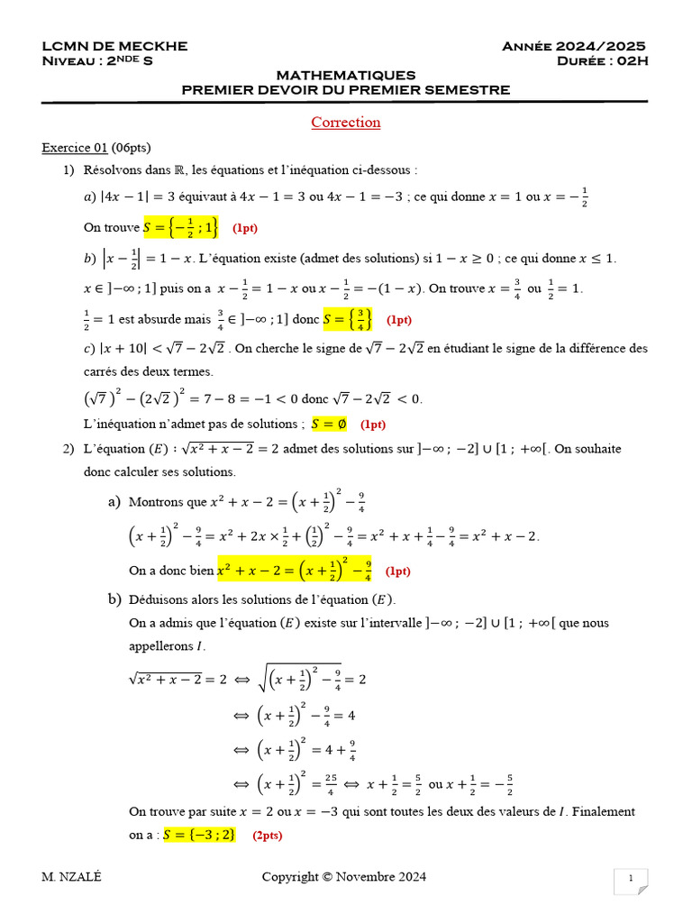 Corrigé Math Devoir N1-2S Lycée Mourath Ndaw | PDF | Mathématiques ...