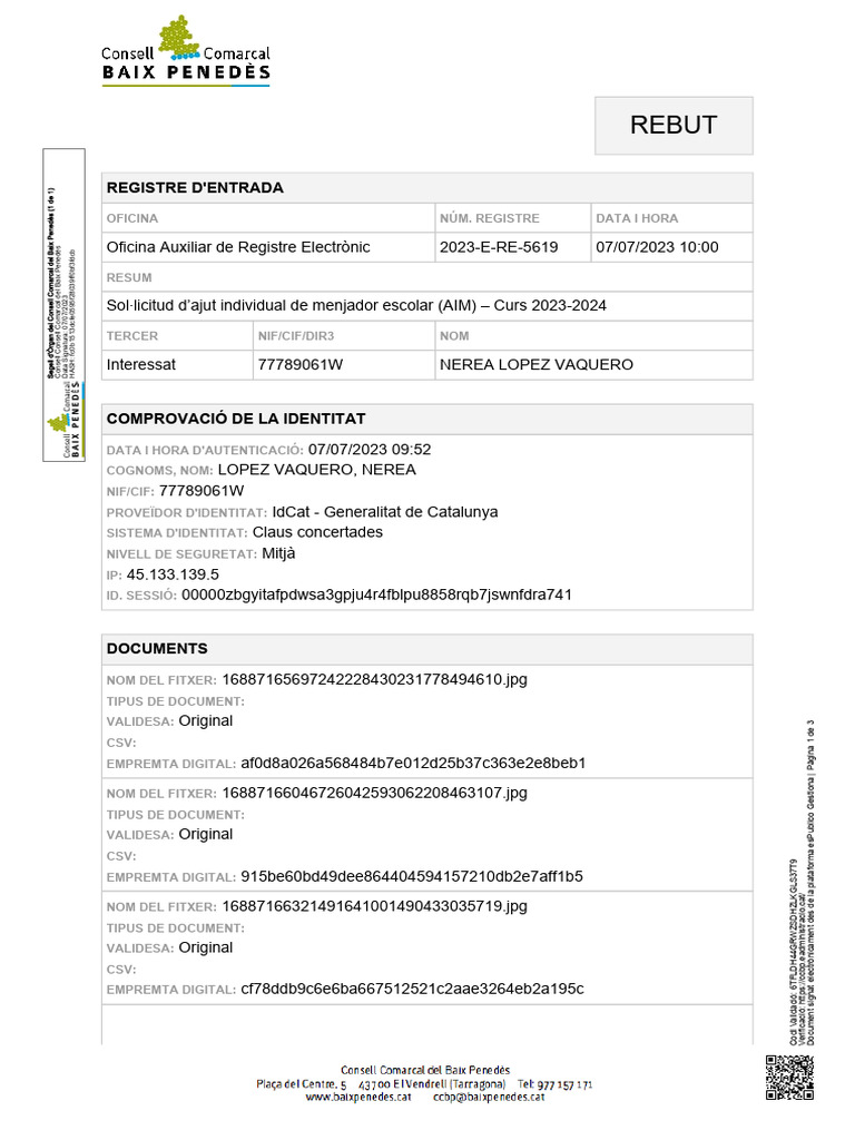 Justificant de Recepció Rebut Rebut-2023-E-RE-5619 | PDF