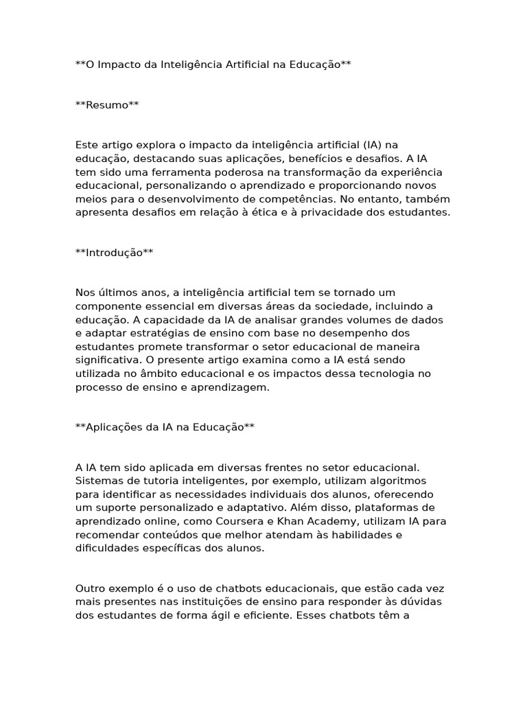 Impacto da IA na Educação: Benefícios e Desafios | PDF | Inteligência ...