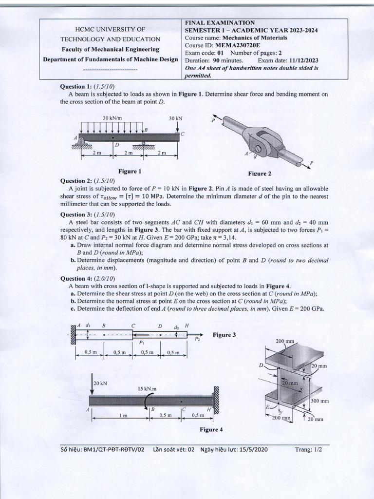 Mechanics of Materials Final Exam 2023 | PDF | Bending | Beam (Structure)