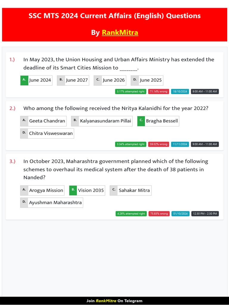 SSC MTS 2024 Current Affairs Quiz | PDF