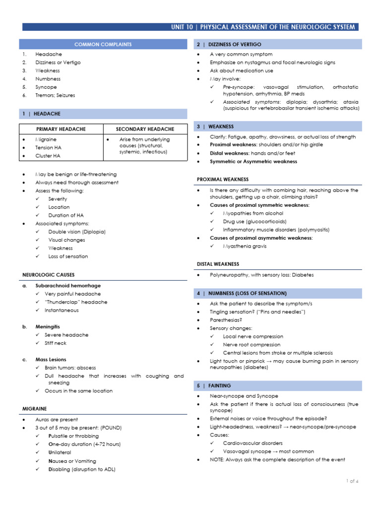 Physical Assessment - Neurologic System | PDF | Headache | Weakness