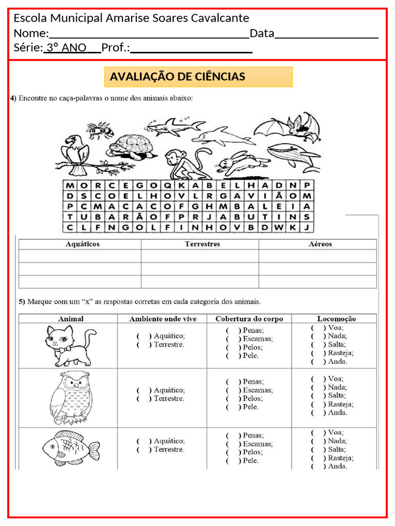 Avaliação de Ciências - 3º Ano | PDF