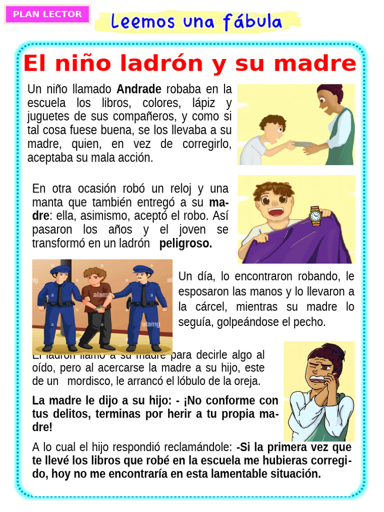 Ficha Plan Lector Leemos Juntos Leemos Una Fábula El Niño Ladron y Su ...