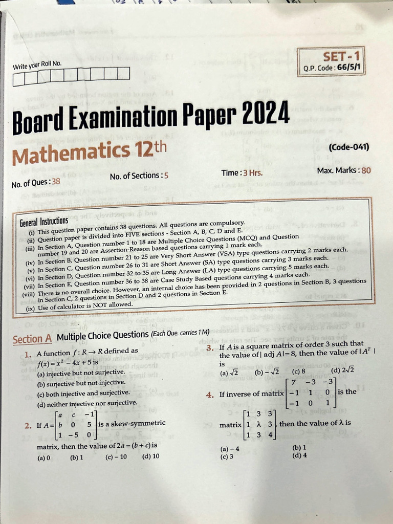 Class 12 Maths Board Exam Paper 2024 | PDF | Mathematical Relations ...