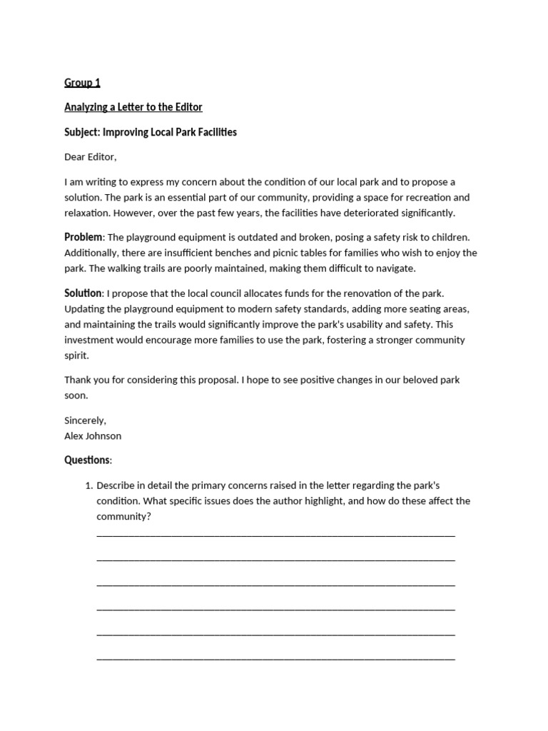 Local Park Improvement Proposal Letter | PDF | Argument | Parks