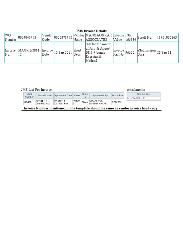 JMS Invoice Details July and August - 2011 | PDF