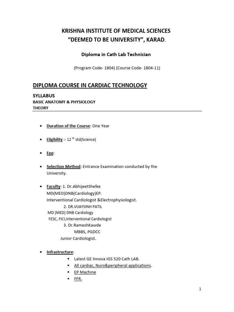 Cath Lab Technician Diploma Syllabus | PDF | Electrocardiography | Heart