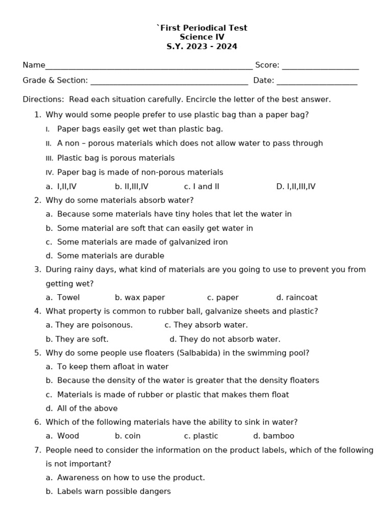 Science IV First Periodical Test 2023-2024 | PDF | Water | Waste