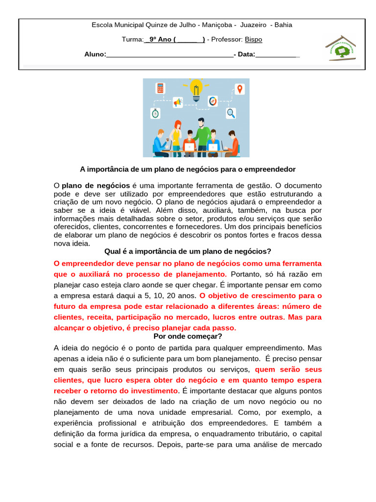 28.11.24 9º Ano Atividade Planejamento e Plano de Negócios | PDF ...