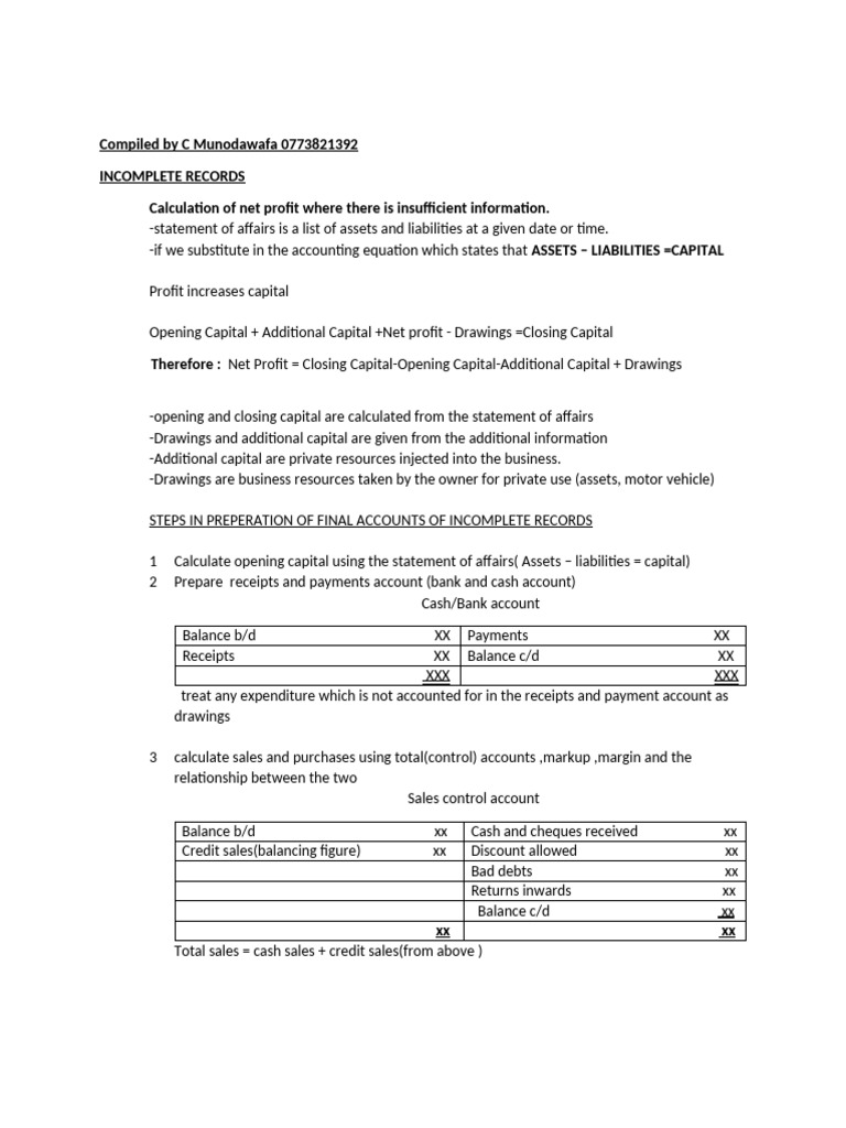 Net Profit Calculation in Incomplete Records | PDF | Payments | Finance ...