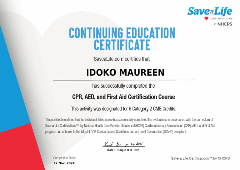 CPR Aed First Aid Certification Course Cert | PDF