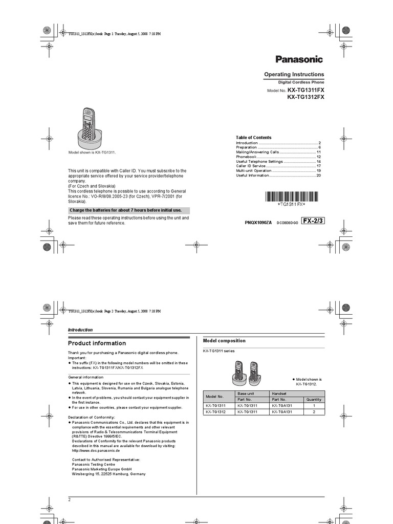 PanasonicTG1311 | Battery (Electricity) | Telephone