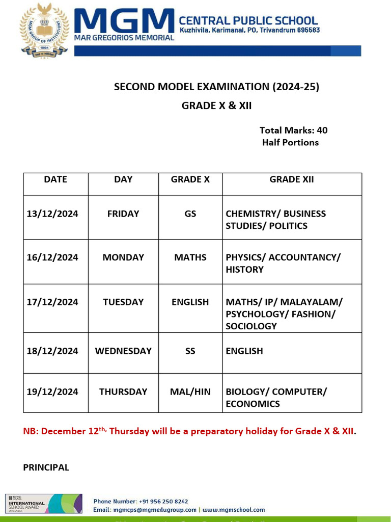 Grade X & XII Exam Schedule 2024 | PDF