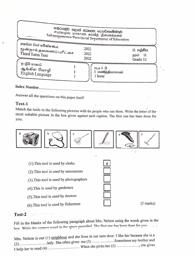 English_Grade_11_Third_Term_Test_2022_Sabaragamuw_Province | PDF