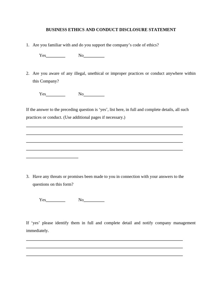 Business Ethics Disclosure Statement | PDF