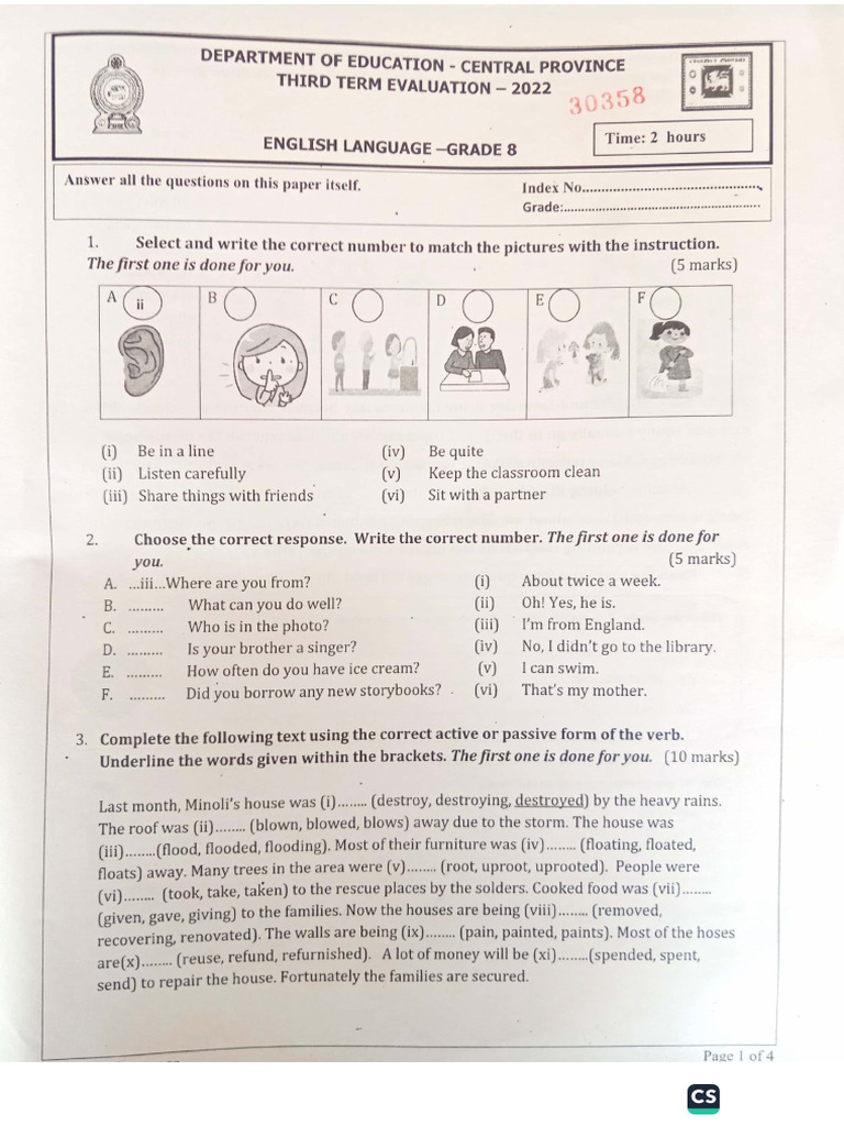 English - Grade 8 - Third Term Test 2022 - Central Province | PDF