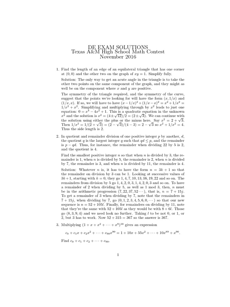 Texas A&M Math Contest Solutions 2016 | PDF | Square Root | Algebra