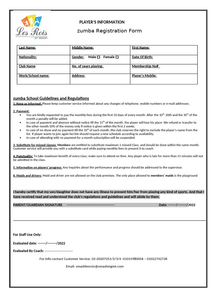 Zumba School Registration Form | PDF | Payments