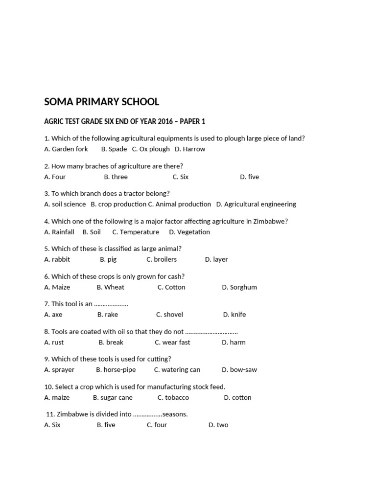 Grade 6 Agricultural Test Paper 2016 | PDF | Soil | Agriculture