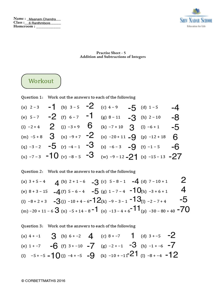Integers Ws 6 | PDF | Mathematics | Arithmetic