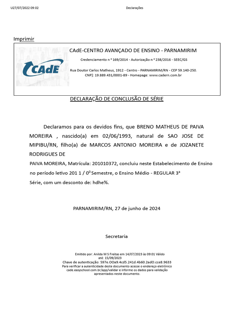 Declaração Bre 2024 2 | PDF | Autenticação | Controle de acesso