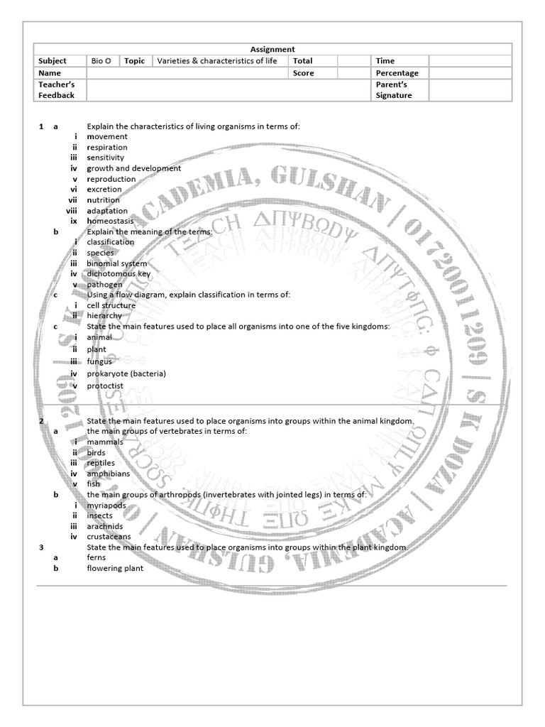 All o Bio Assignment Varieties Characters of Life QP | PDF
