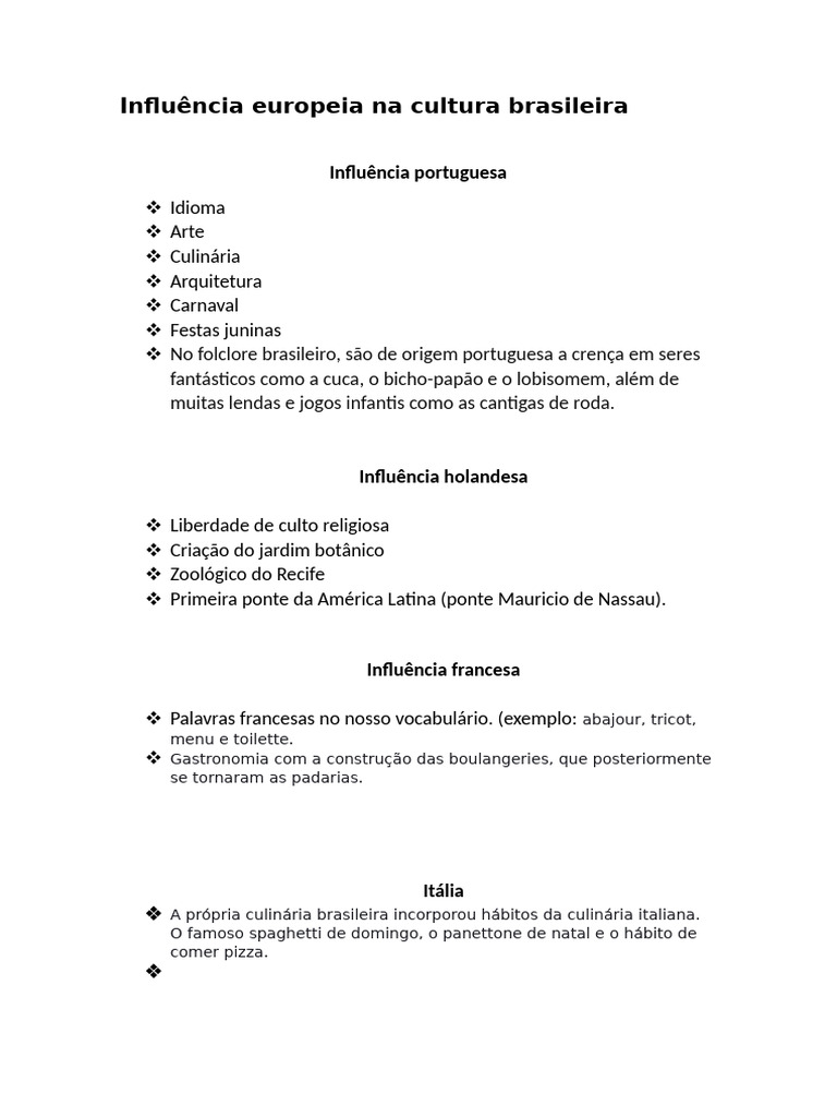 Influências Europeias na Cultura Brasileira | PDF