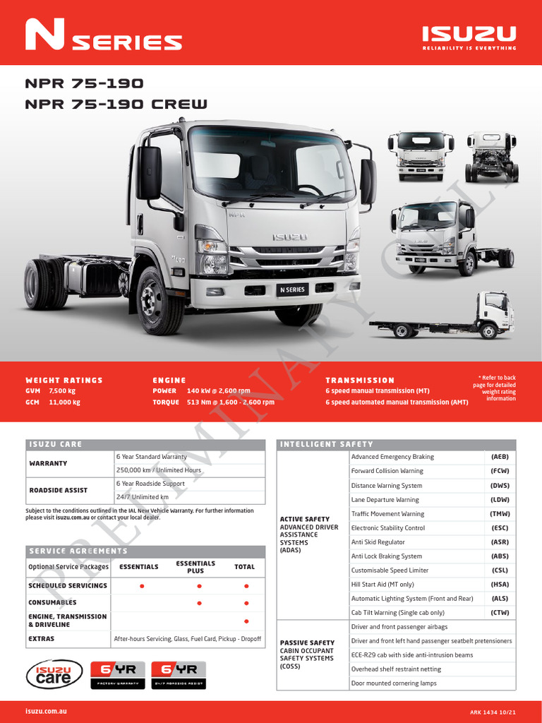 Isuzu NPR 75-190 Crew Specifications | PDF | Steering | Manual Transmission