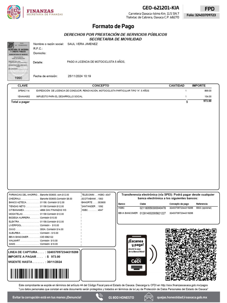Comprobante de Pago Licencia Motociclista | PDF | Finanzas personales ...