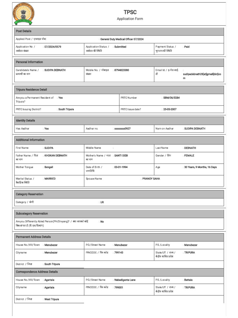 TPSC Medical Officer Application 2024 | PDF