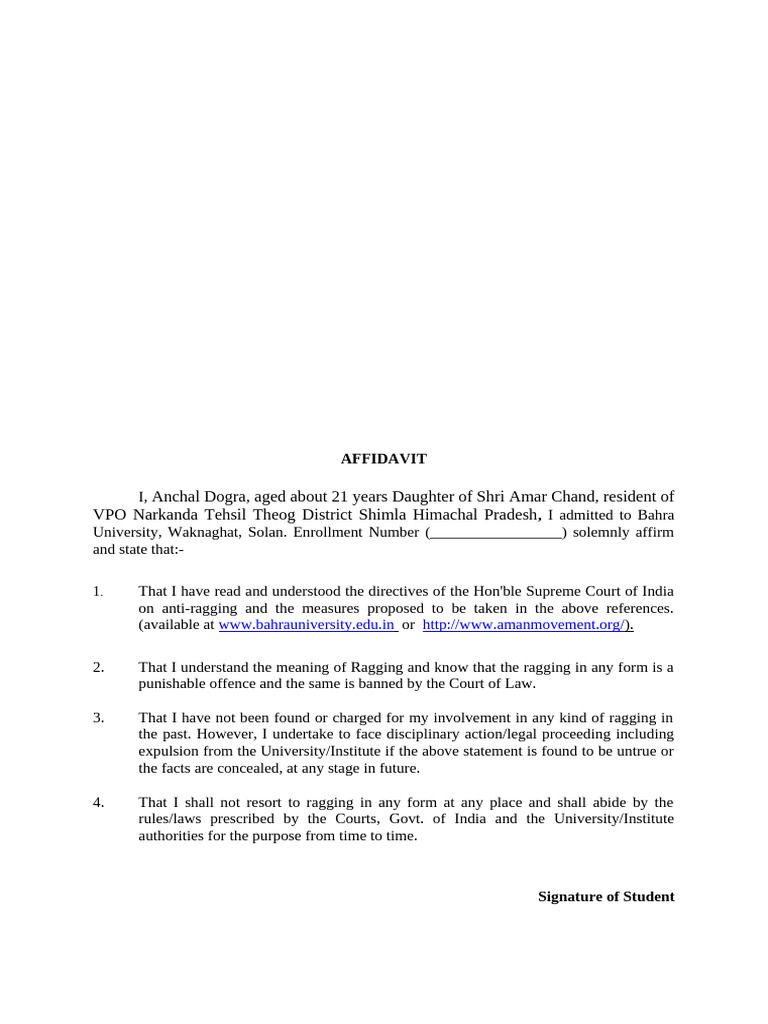 Anti - Ragging Undertaking | PDF