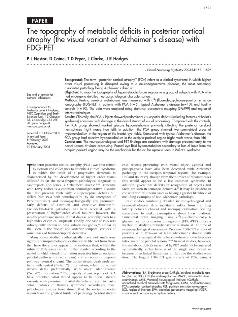 The Topography of Metabolic Deficits in Posterior Cortical Atrophy ...