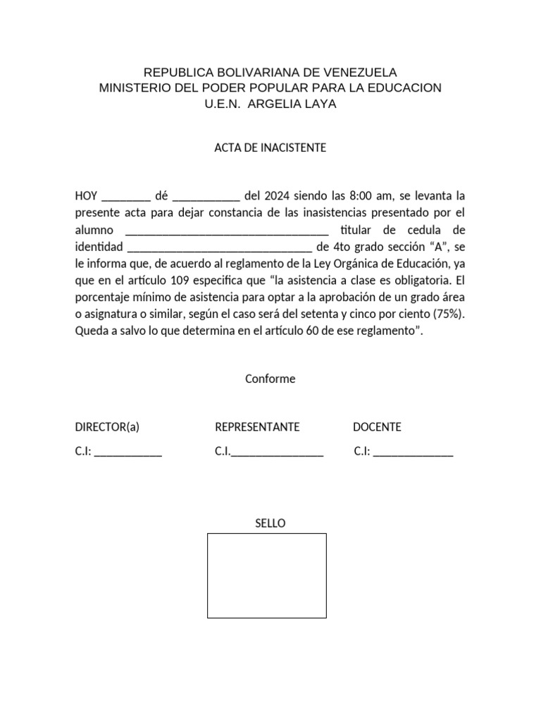 Acta de Inasistencia Escolar 2024 | PDF