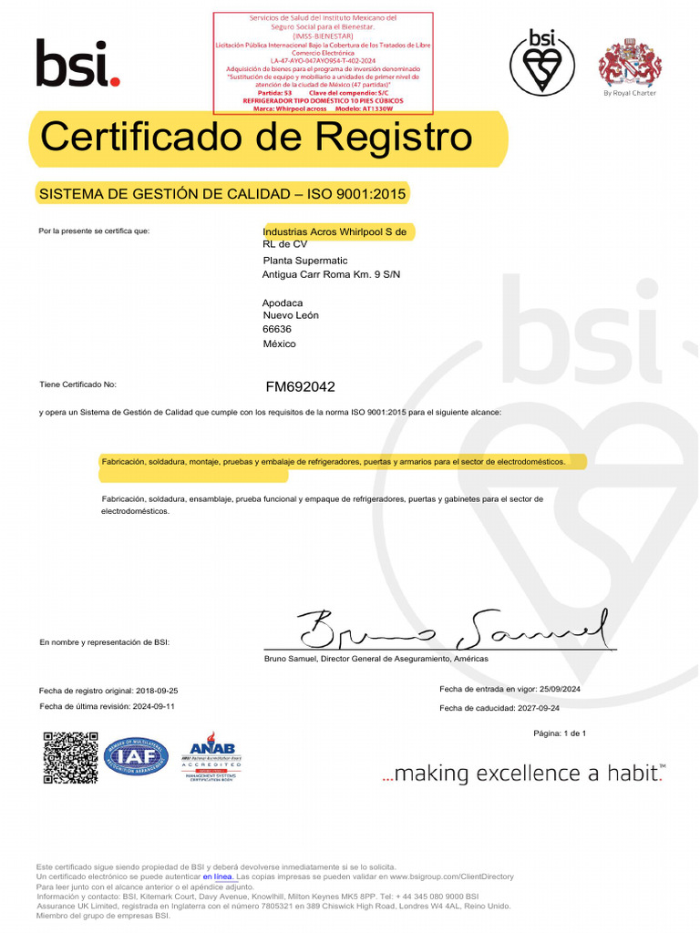 Certificación ISO 9001:2015 en Electrodomésticos | PDF