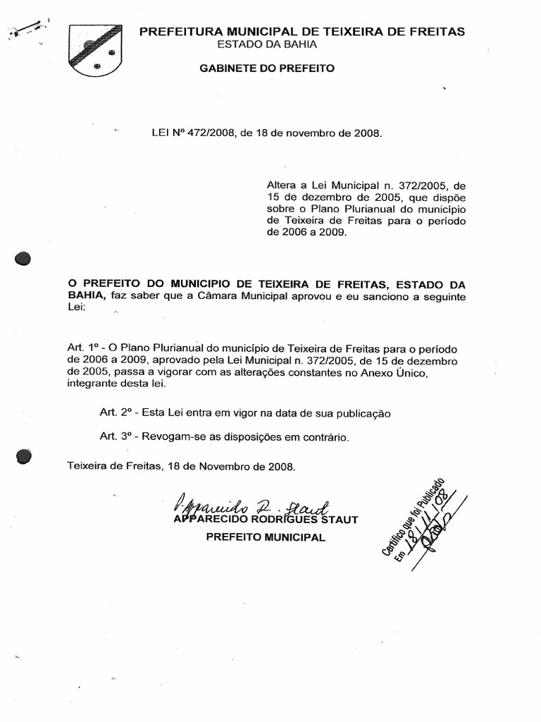 Lei no 472 2008 altera a lei no 372 2005 que dispoe sobre o plano