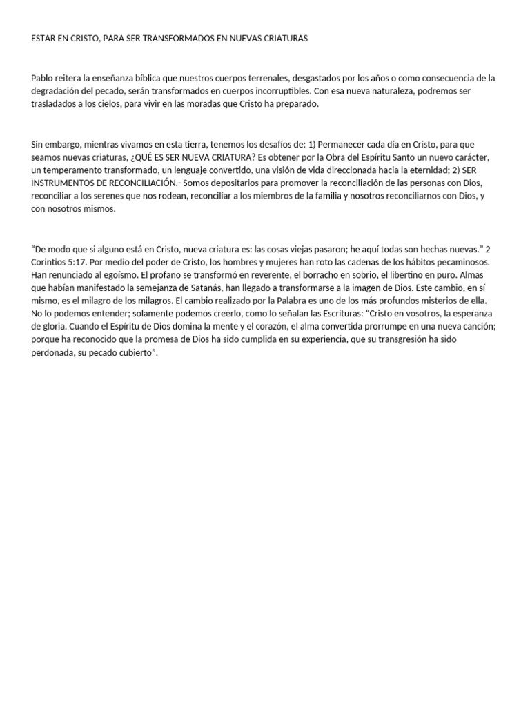 Estar en Cristo, para Ser Transformados en Nuevas Criaturas | PDF