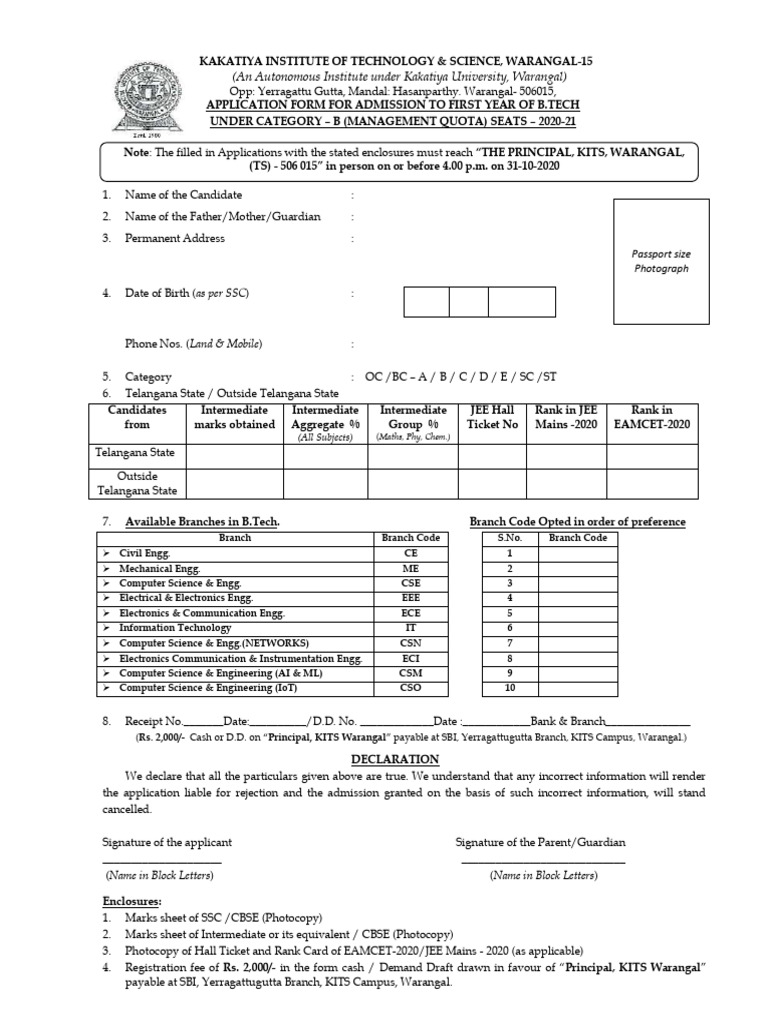Application of B.tech. Cat-B Seats | PDF | Engineering