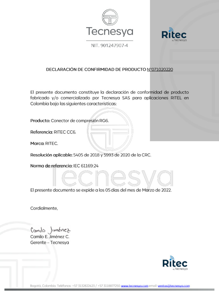 Certificación de Conformidad - Conectores RG6 RITEC CC6 RITEC | PDF