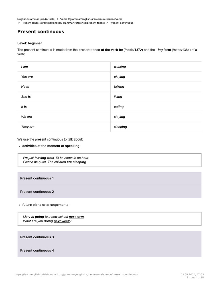 Present Continuous - LearnEnglish | PDF | Login | Verb