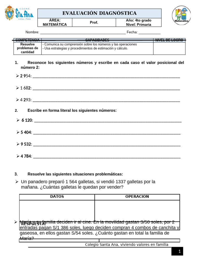 Evaluación Diagnóstica Matemáticas 4to Grado | PDF | Moneda | Datos