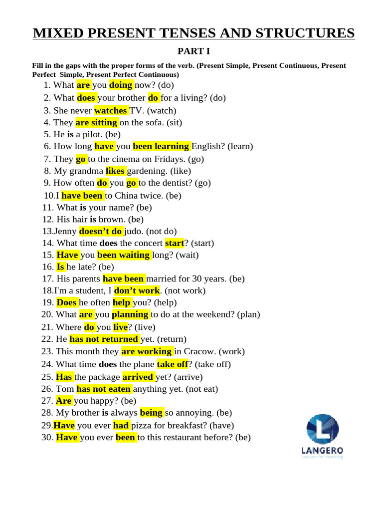 Mixed Present Tenses Exercises Part 1 | PDF